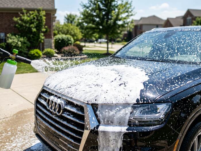 Technician foam-washing a black SUV in a home driveway